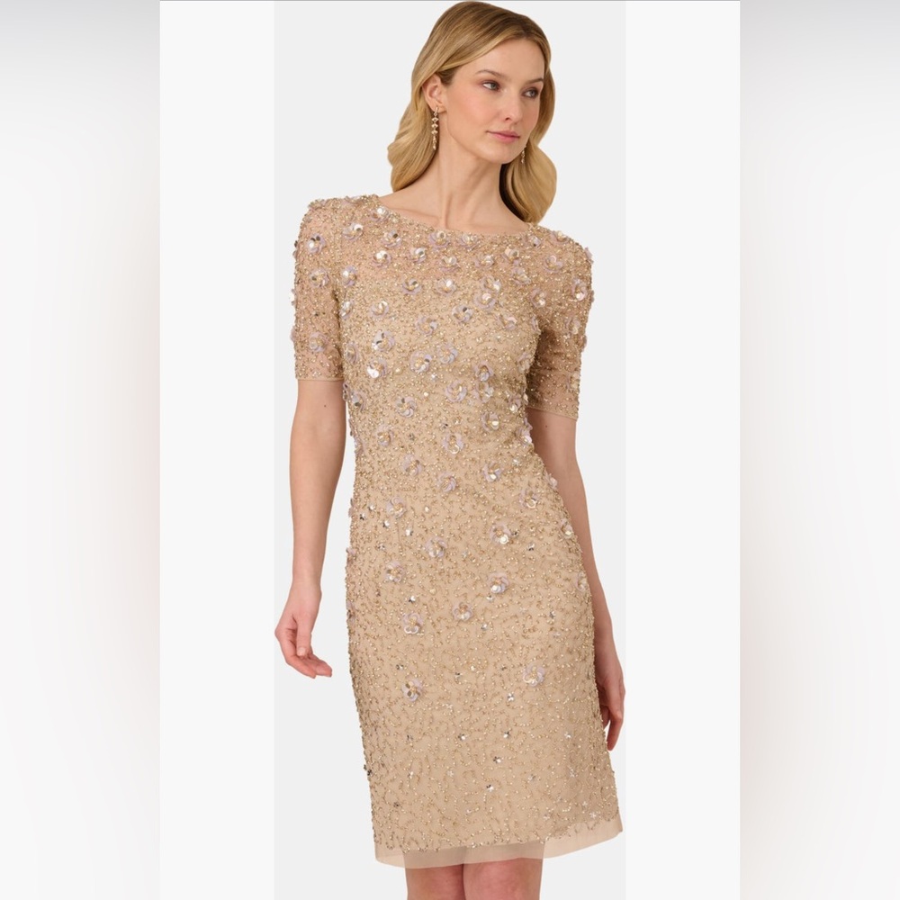 Adrianna Papell Beaded Cocktail Dress in Color: Biscotti